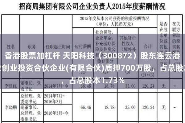 香港股票加杠杆 天阳科技（300872）股东连云港皓宏智业创业投资合伙企业(有限合伙)质押700万股，占总股本1.73%